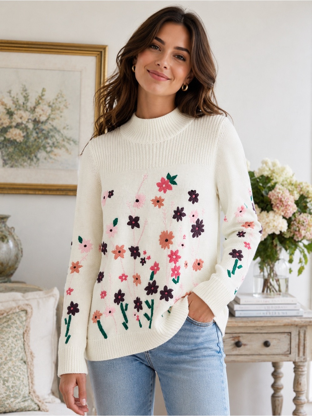 Talbots Floral Embroidered Sweater Cottagecore Garden Knit Pullover Small